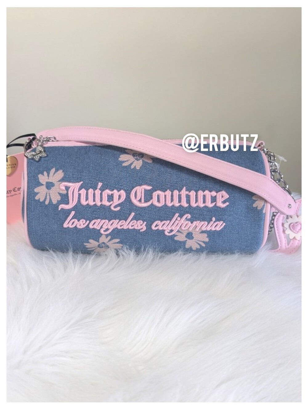 Juicy Couture Denim Pink Daisy Barrell Bag with JC Charm & Butterfly Detail 🦋 - Picture 3 of 16